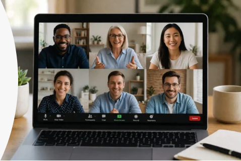 Workers sitting outside on a coffee break with electronic devices including laptop ipad and phone