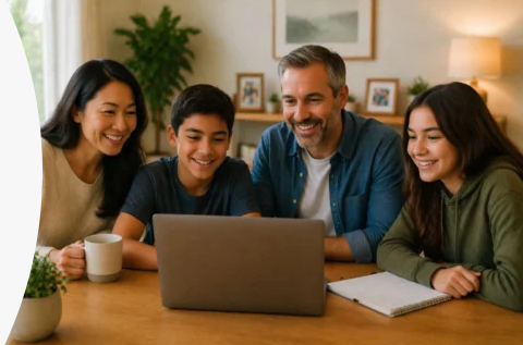 Workers sitting outside on a coffee break with electronic devices including laptop ipad and phone